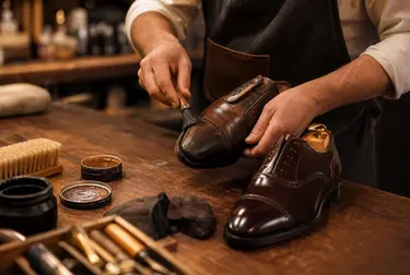 Sapateiro reformando sapatos sociais em Bauru.