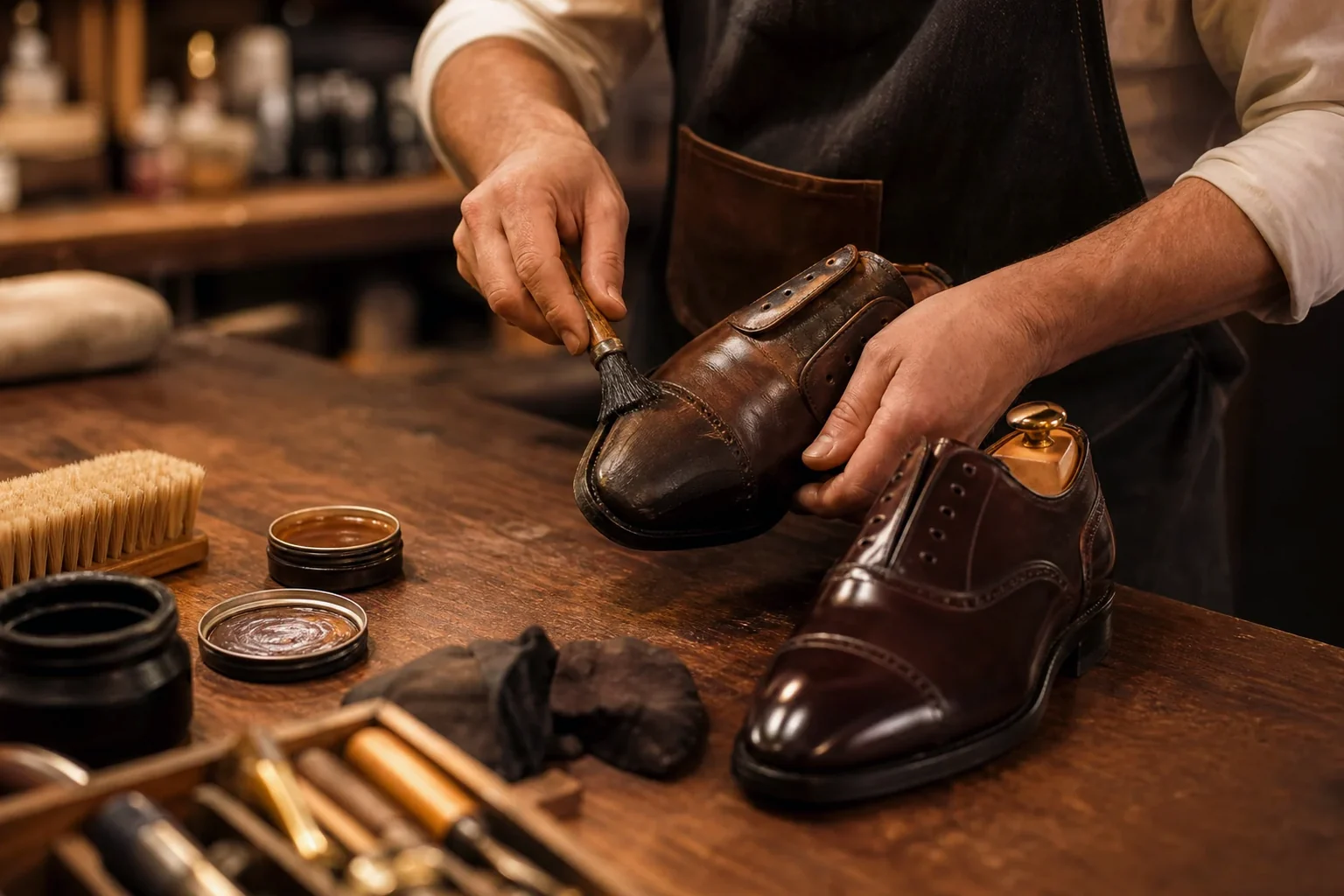 Sapateiro reformando sapatos sociais em Bauru.